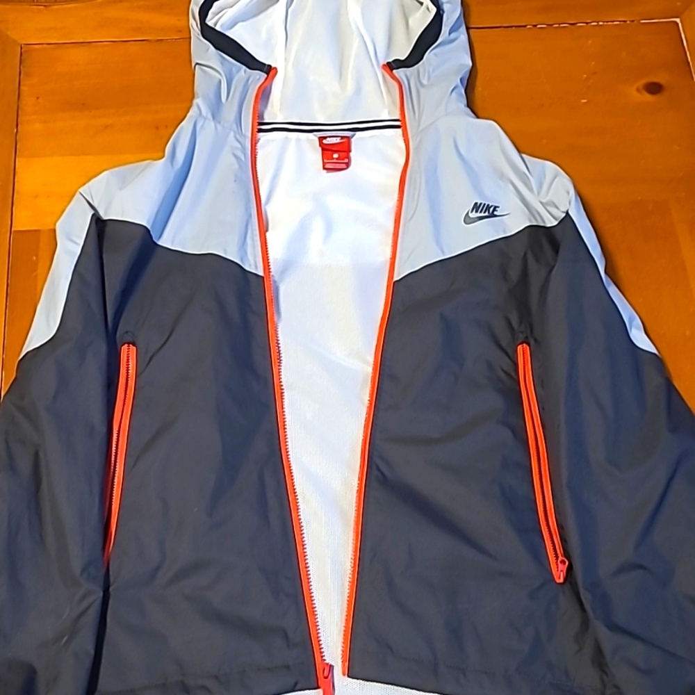 Nike Men’s Black and Light Gray Raincoat with Orange Zippers